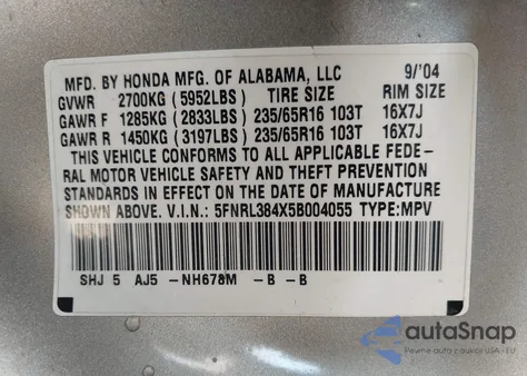 2005 Honda Odyssey Ex из США, поврежденный, VIN 5FNRL384X5B004055